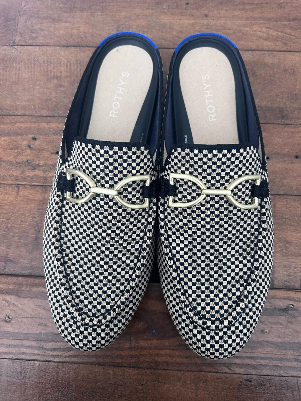 Rothy's Double Bit Loafer Mule Classic Black/White Micro Check. Size 9.